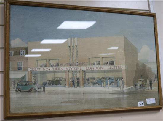 Augustus Bryett (1890-1963), pencil and watercolour, architectural sketch for Great Northern Motors, London Ltd Showrooms, 45 x 71cm